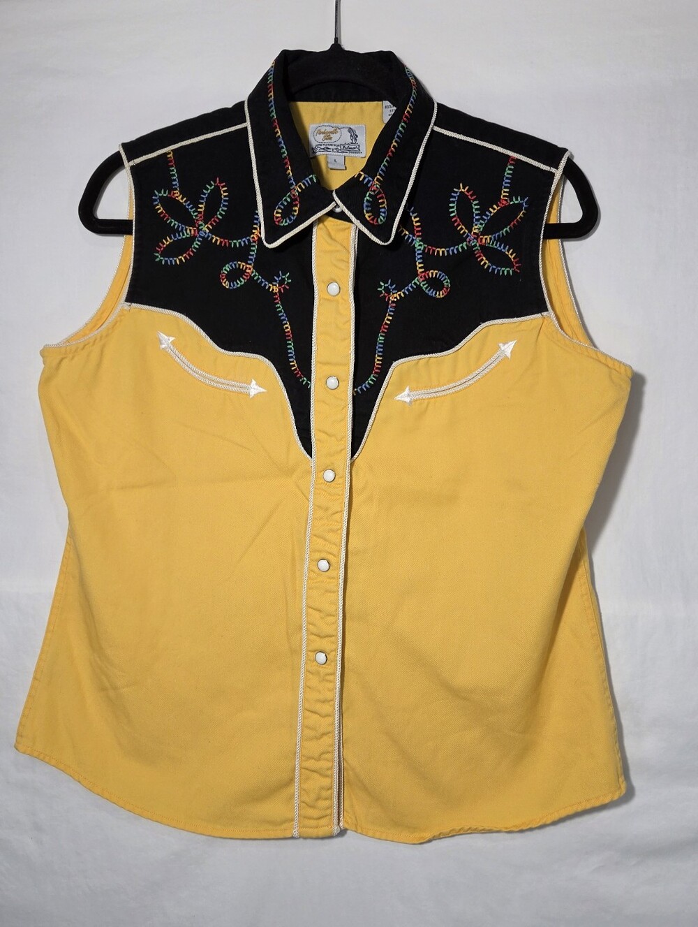 Panhandle‎ Slim Western Shirt Women L Yellow Black Retro Rainbow Snap Sleeveless